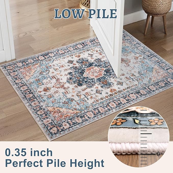 Tangsoo 2x10 Washable Runner Rug for Hallways, Non Slip Vintage Runner Rug, Soft Low Pile Long, Print Distressed Blue/Orange Carpet Runners for Kitchen Bedroom Entryway Bathroom Living Room