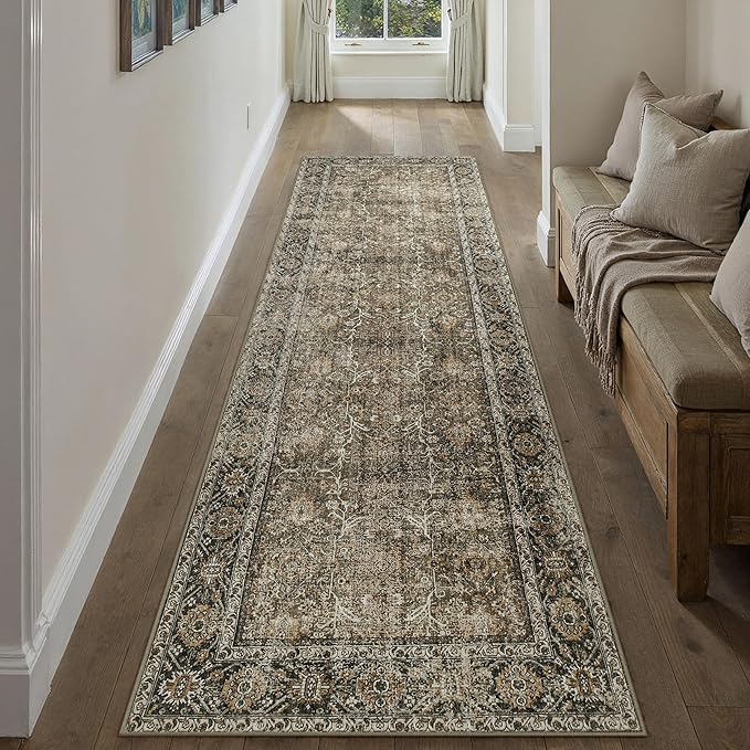 Brown Runner Rug 2'6"x16' Vintage Area Carpet Hallway Long Indoor Kitchen Washable Living Room Low Pile Traditional Distressed Retro Accent Rug Non Slip Laundry Bathroom Office Dining Room