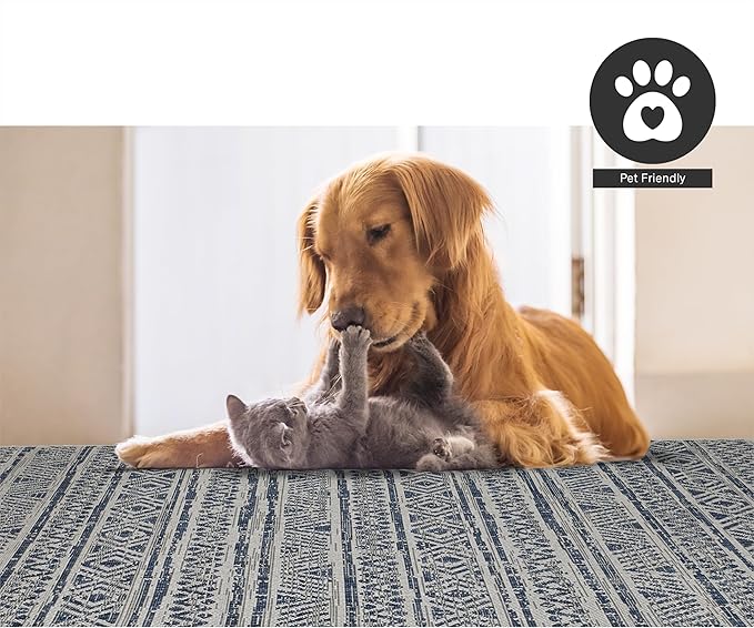 FH Home Flat Woven Outdoor Rug - Waterproof, Easy to Clean, Stain Resistant - Premium Polypropylene Yarn - Striped Boho - Patio, Porch, Deck, Balcony - Amman - Blue - 5ft 2in x 7ft 6in