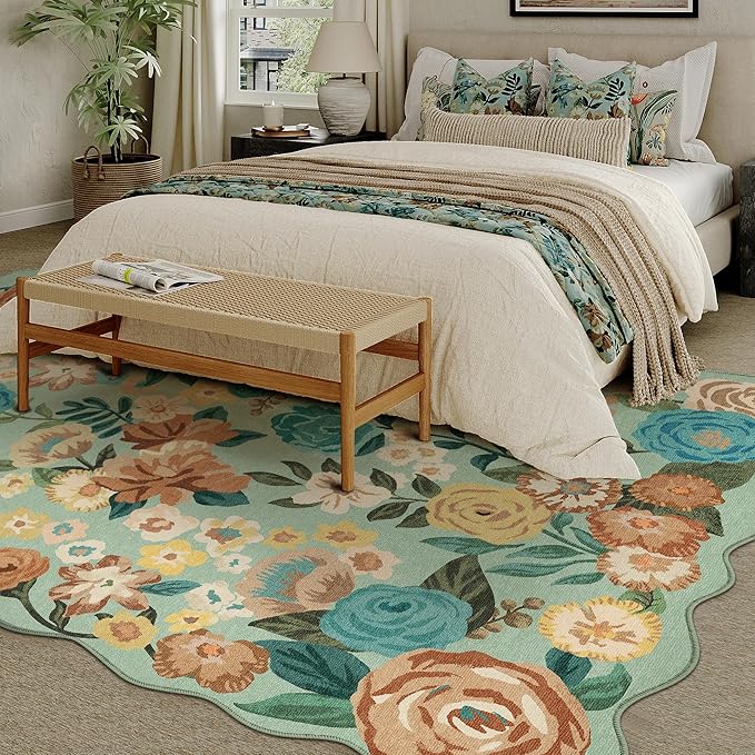 Washable Floral Area Rug 5x7 Green Living Room Carpet Scalloped Flower Non Slip Soft Bedroom Rug Farmhouse Low Pile Thin Indoor Floor Cover for Office Dining Room Kitchen Bathroom