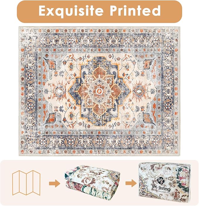 VK VK·LIVING Machine Washable Rug 5'x7' Vintage Design Washable Area Rugs with Non Slip Rugs for Living Room Bedroom Traditional Woven Carpet Stain Resistant, Dining Office Boho Rug (Bright)
