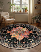 Area Rugs 4ft Washable Non-Slip, Floral Vintage Distress Print Pattern Medallion Carpet for Living Room Bedroom Dining Room, Black Colorful Floral Dark Tan