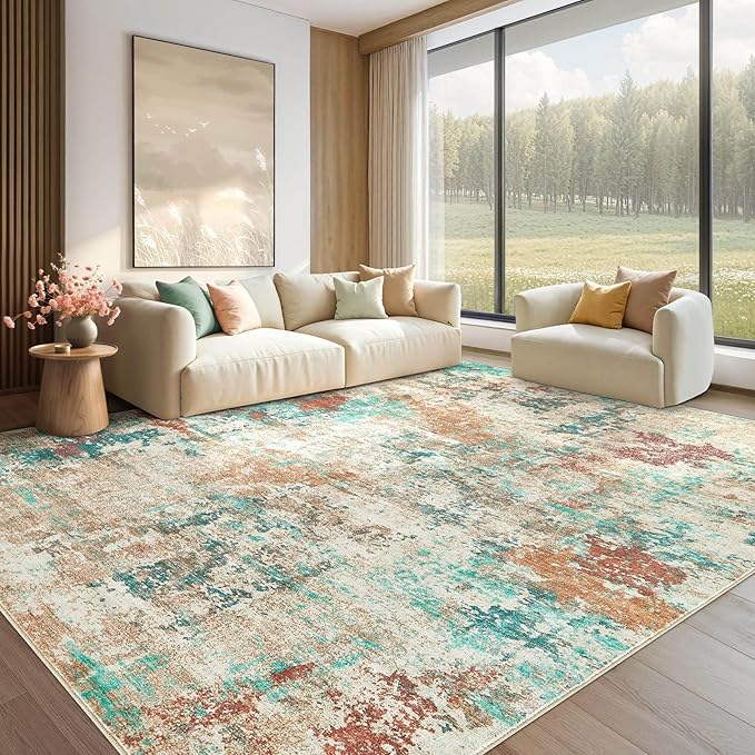 8x10 Christmas Area Rug Living Room Rugs - Washable Neutral Modern Abstract Soft Thin Large Rug Indoor Floor No Slip Rug Carpet for Bedroom Under Dining Table Home Office Decor -Colorful