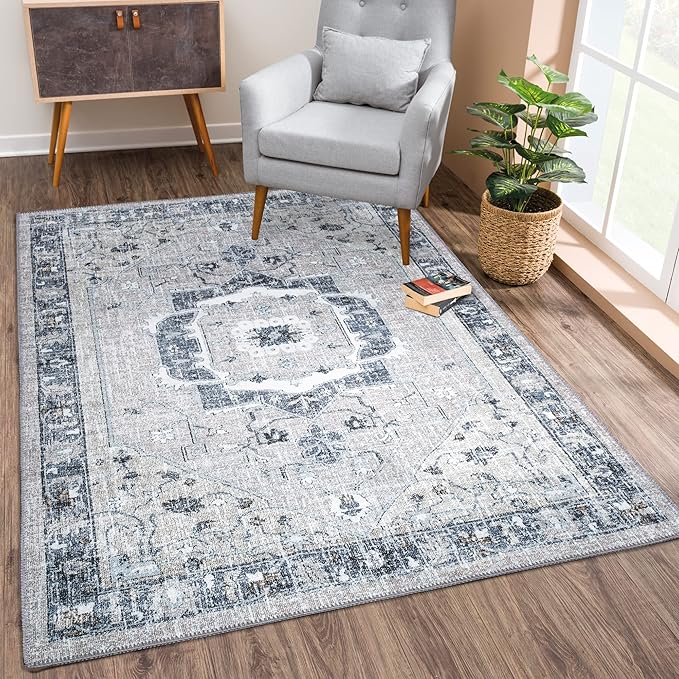 Bloom Rugs Washable Non-Slip 5' x 7' Rug - Pebble Gray/Blue Traditional Medallion Area Rug for Living Room, Bedroom, Dining Room, and Kitchen - Exact Size: 5' x 7'
