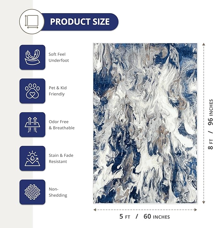 Abani Regal Blue Area Rug for Living Room, Bedroom - Swirl Abstract Pattern - 5' x 8' - Durable & Easy to Clean Washable