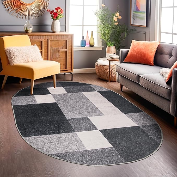 Rugshop Gray Modern Geometric Boxes Non-Slip Area Rug Non-Shedding for Dining Area, Bedroom and Living Room, 5' x 7' Oval