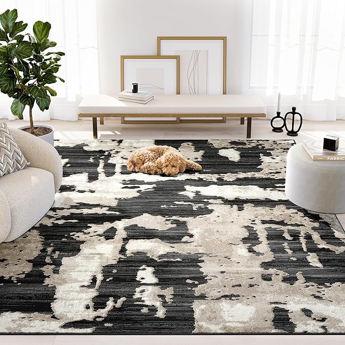 Abani Terra Cream Area Rug for Living Room, Bedroom - Black Abstract Pattern - 6' x 9' - Durable & Easy to Clean
