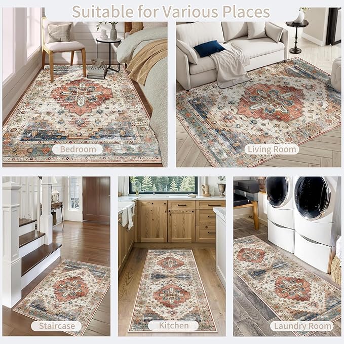 Enkor Runner Rugs for Hallway, 2.6x13 Washable Soft Non Slip Floor Rugs for Kitchen, Modern Mat for Living Room Bedroom Entryway Beige & Red