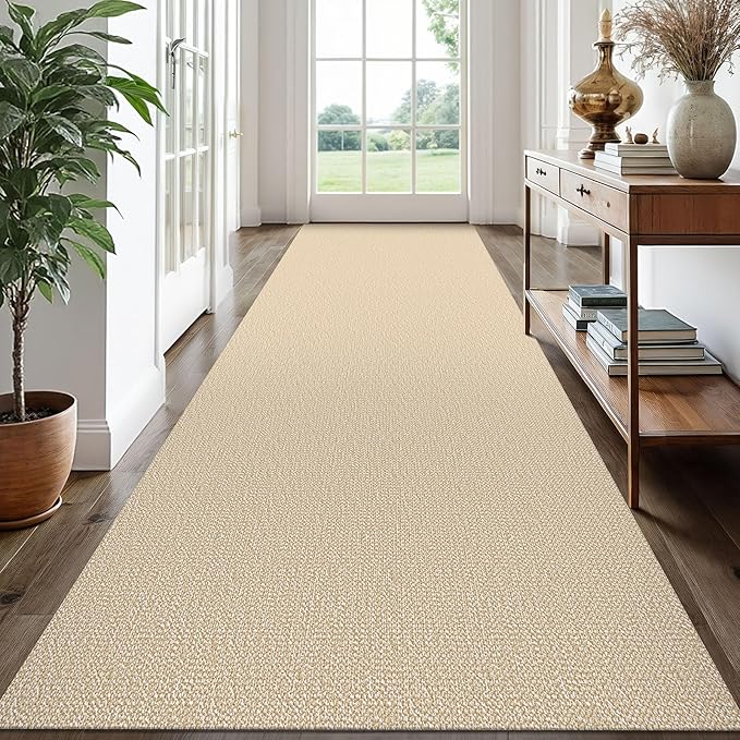 EARTHALL Extra Long Runner Rug 3x14 Ft Washable Runners for Hallways Cotton Non Slip Entryway Runner Braided Kitchen Runner Indoor Outdoor Carpet Runners for Stair, Hall, Foyers, Golden Beige/White