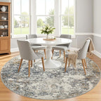 6ft Washable Round Rug - 6x6 Area Rugs Modern Abstract Rugs for Living Room Non-Slip Low Pile Soft Machine Washable Carpet for Bedroom, Living Room, Dining Room, Nursery, Farmhouse (6'x6' Tan Blue)