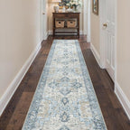 Runner Rug 2'6''x12, Non Slip Vintage Machine Washable Hallway Runner Rugs, Low Pile Lightweight Mat for Hallway, Entryway, Bedroom, Kitchen and Corridor, Blue
