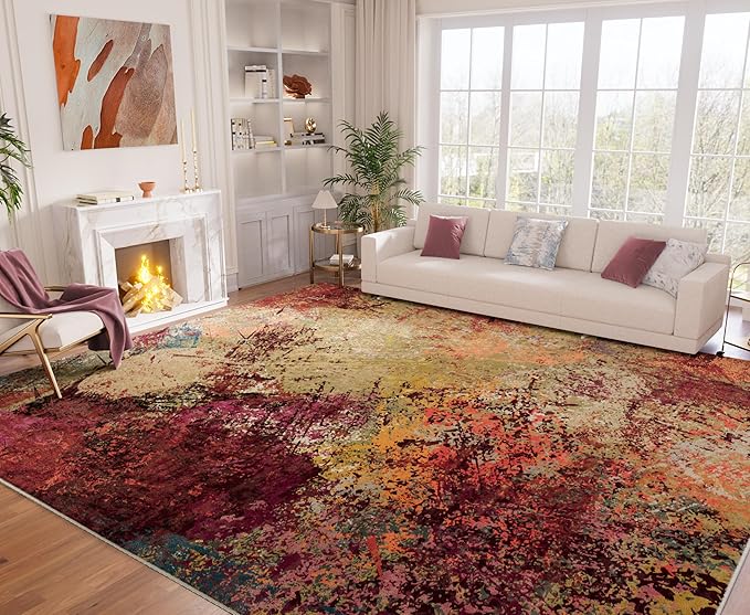 Arbosofe Modern Abstract Rug for Living Room, 8'x10' Washable Area Rug with Non-Slip Backing & Short Pile, Large Carpet with Abstract Pattern for Living Room Bedroom and Dining Floor Carpet Red Orange