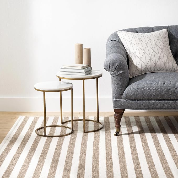 Home Conservatory Ladder Stripe Natural/Ivory Handwoven Wool 6 X 9 Feet, Ivory/Multicolored Stripe Pattern