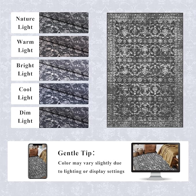 Washable Area Rug 6x9 Black Rugs for Living Room, Vintage Boho Large Rug for Bedroom Dining Room Office, Distressed Floral Print Carpet for Under Table, Soft Non Slip Low Pile Throw Carpet Indoor Mat