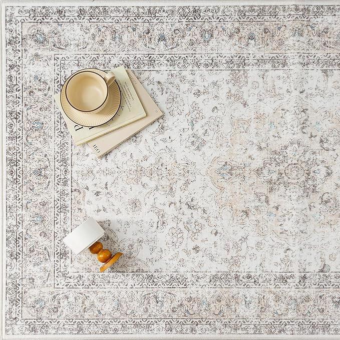 10x12 Washable Vintage Area Rug for Living Room Bedroom Beige Grey Soft Tranditional Non Slip Large Throw Rug Lightweight Floral Low Pile Distressed Carpet Bedroom Playroom Classroom Office