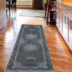 Ambesonne Sun and Moon Decorative Rug, Bohemian Artwork Design of Crescent Solar Ornament Esoteric Stars Ornaments, Quality Carpet for Bedroom Dorm and Living Room, 2' 5" x 7' 5", Pale Blue