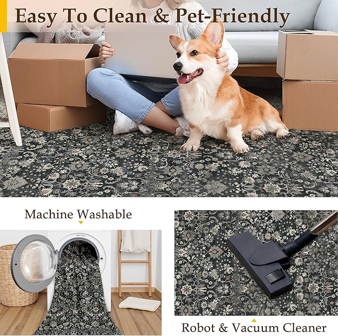 HUGEAR 2x3 Entryway Rug Machine Washable Area Rug Black Beige Small Rugs Door Mat Indoor Accent Carpet Floral Low Pile Distressed Throw Rugs Kitchen Office Non Slip