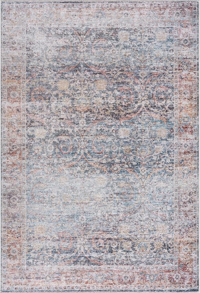 Bloom Rugs Caria Washable Non-Slip 6x9 Rug - Ocean Blue/Brick Traditional Area Rug for Living Room, Bedroom, Dining Room, and Kitchen - Exact Size: 6' x 9'
