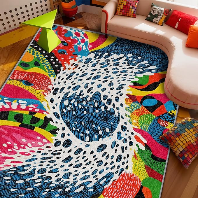 Wavy Rugs for Bedroom - Optical Illusion Retro Area Rug 5x8, Abstract Orange Art High Traffic Anti Slip Carpets Home Decor #C112