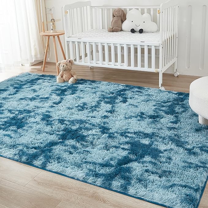 Andency Soft Area Rugs for Living Room Bedroom, 5x8 Fluffy Shaggy Bedside Rug, Non-Slip Large Shag Fuzzy Plush Carpets for Bedroom Kids Dorm Nursery Home Decor Aesthetic, Tie-Dyed Navy Blue