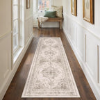 Runner Rug 2x8 Beige Hallway Washable Carpet Non Slip Vintage Medallion Carpet Low Pile Soft Distressed Retro Indoor Long Rug for Entryway Kitchen Bathroom Laundry Bedroom