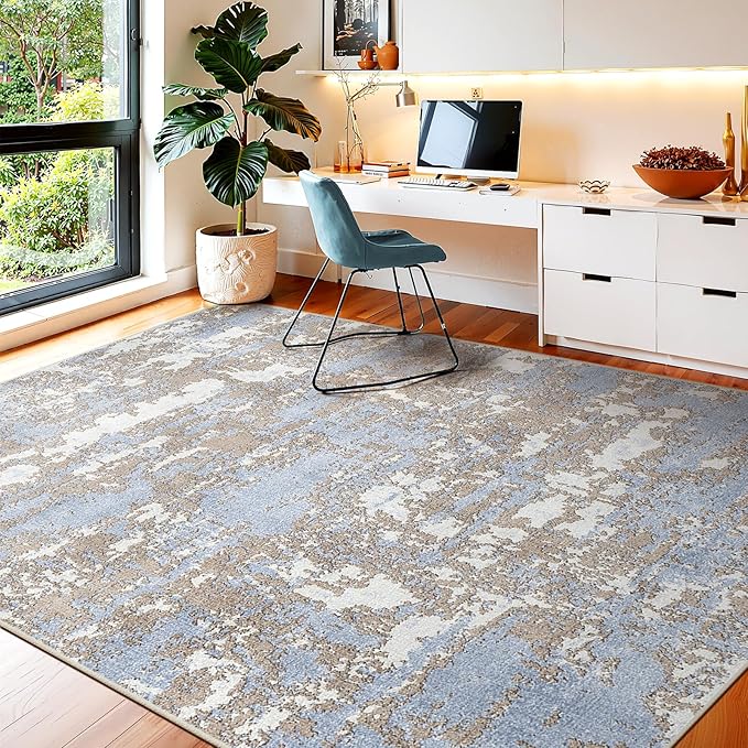 WITSHOCK 5x7 Dining Room Area Rugs: Modern Abstract Tumble Large Rug for Bedroom Living Room, Non-Slip Stain Resistant Indoor Carpet, Nursery Home Office Alfombras para Salas Modernas, Blue Brown
