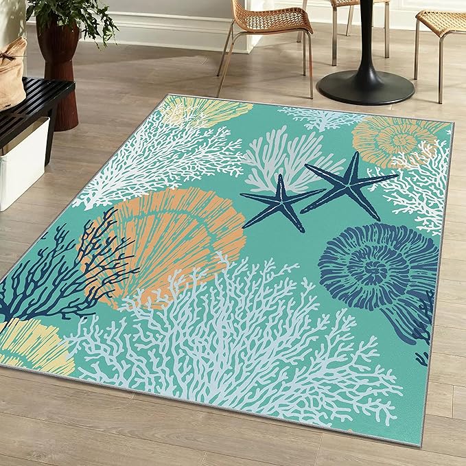 Tritard Coastal Area Rugs Nautical Beach Themed Non-Slip Machine Washable Rugs Modern Floor Carpet for Living Room Bedroom, 8x10, Teal and Turquoise