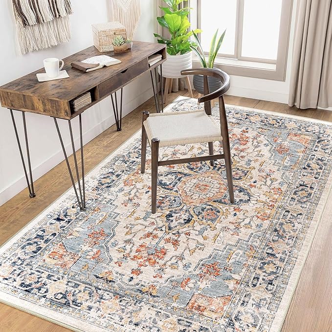 Enkor Area Soft Rugs 4x6 Washable Non Slip Boho Floor Rugs for Living Room Bedroom, Vintage Style Farmhouse Mat for Kitchen Entryway Orange & Black