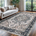KOZYFLY Boho Area Rug 6x9 Ft Thin Washable Rugs for Bedroom and Living Room Faux Wool Printed Throw Carpet Non Slip Rug for Entryway Kitchen Dining Room, Black/Taupe/Beige