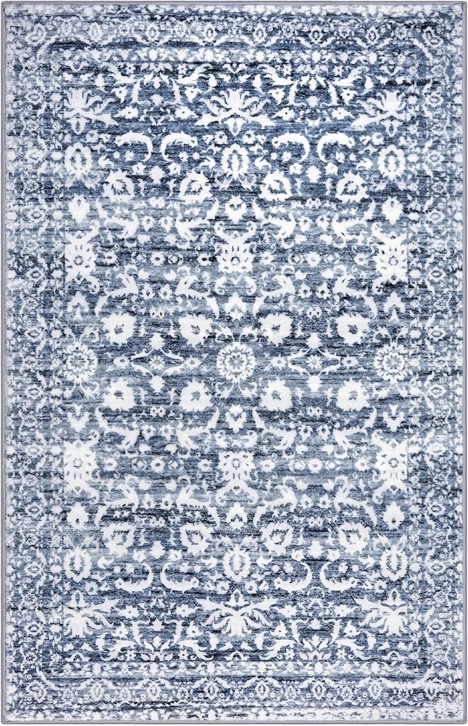 Vintage Floral 3x5 Rug, Light Blue White Entryway Rug Small Area Rug Washable Non-Slip Throw Rug, Thin Printed Faux Wool Low-Pile Kitchen Rugs Super Soft Capet for Entrance Bedroom Office