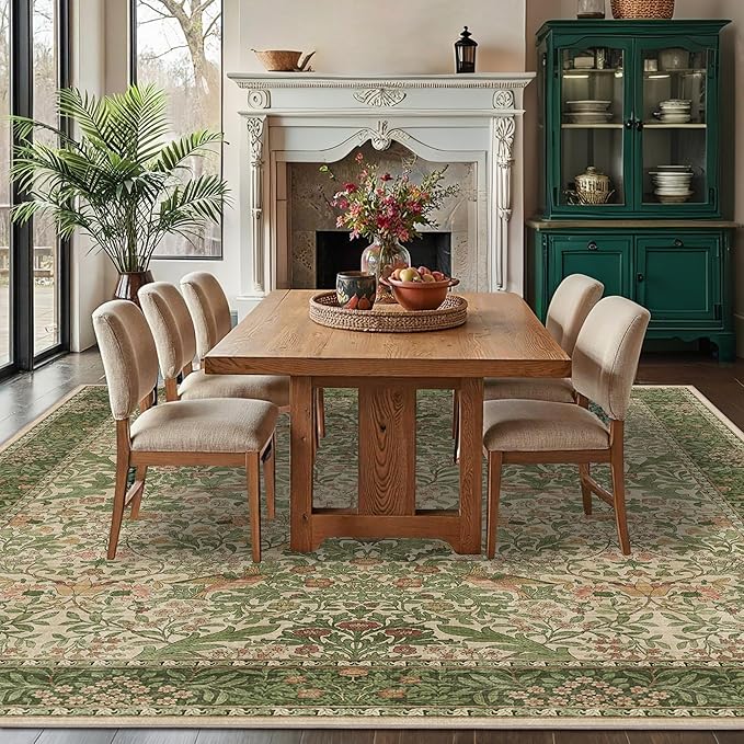 8x10 Floral Washable Area Rug for Living Room, Vintage Boho Large Rugs for Bedroom Dining Room, Botanical Birds Non Slip Low Pile Forest Throw Carpet for Farmhouse Office, Retro Pink/Green
