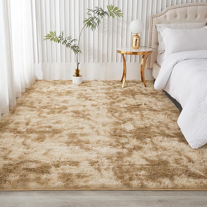 Andency 6x9 Area Rugs, Large Shag Fluffy Soft Shaggy Rugs for Living Room Bedroom, Non-Slip Tie-Dyed Khaki Thick Plush Carpet for Kids Girls and Boys, Dorm Nursery Home Decor Aesthetic