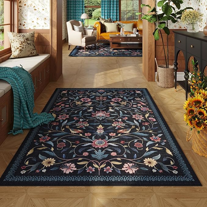 Vintage Medallion Floral 3x5 Washable Rug, Soft Low Pile Area Rug, Non-Slip Carpet for Bedside, Bedroom, Bathroom, Entryway, Kitchen, Office, Kids/Girls Room | Blue