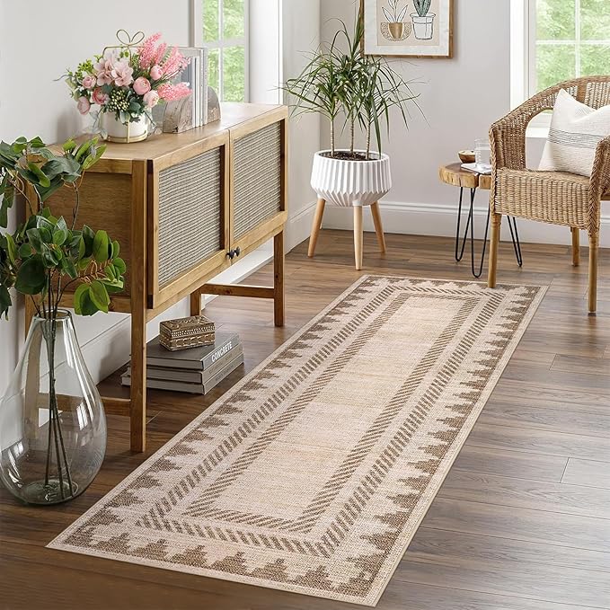 Bordered Printed Non Slip 2x6 Runner Rugs for Hallway Modern Geometric Washable Soft Long Kitchen Rug Stain Resistant Foldable Indoor Rug for Entryway Bedroom, Beige Brown