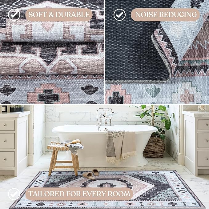 Fame Living Washable Area Rug. Modern Farmhouse. Vintage. Turkish. Bohemian. Distressed. Oriental. Traditional. Rugs for Living Room. Dining. Bedroom. Office. Entryway. (856BlckGry, 2'5" x 6'5")