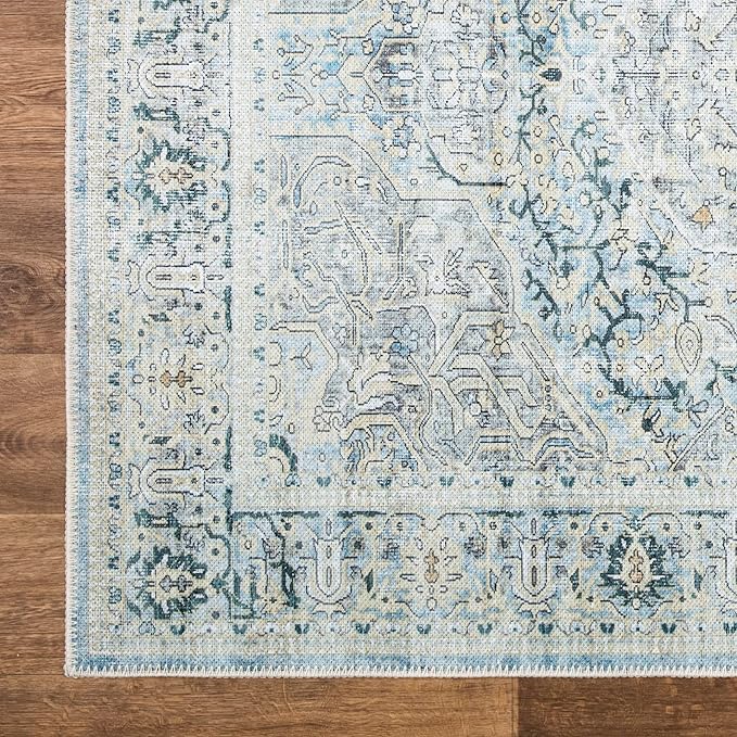 Bloom Rugs Washable Non-Slip 12 ft Runner - Cream/Light Blue/Teal Traditional Medallion Runner for Entryway, Hallway, Bathroom, and Kitchen - Exact Size: 2.5' x 12'