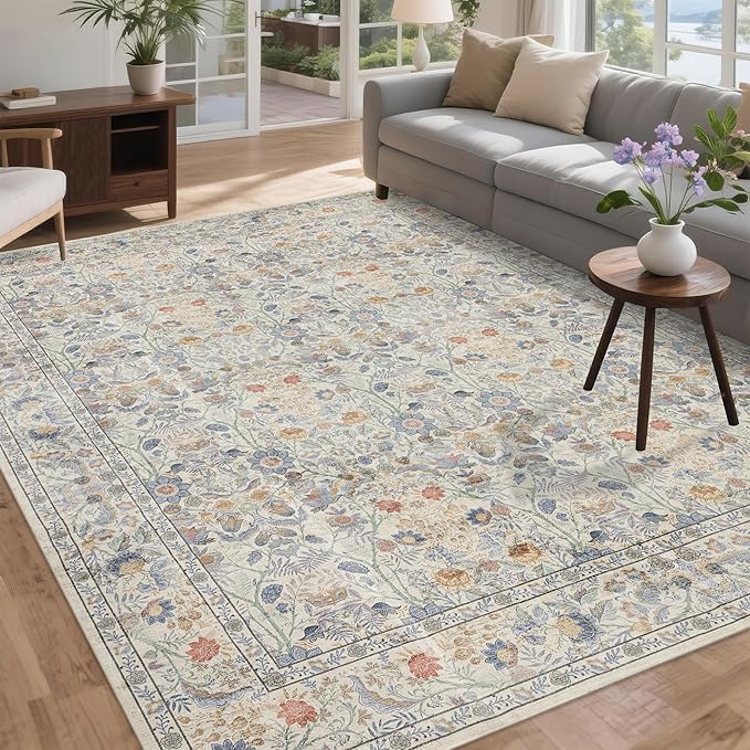 Washable Living Room Rug: 10x14 Boho Floral Soft Area Rug for Bedroom Decor - Vintage Low Pile Thin Carpet for Dining Room Non-Slip - Farmhouse Stain Resistant Rugs - Beige Blue