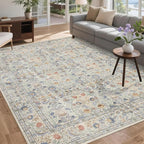 Washable Living Room Rug: 10x14 Boho Floral Soft Area Rug for Bedroom Decor - Vintage Low Pile Thin Carpet for Dining Room Non-Slip - Farmhouse Stain Resistant Rugs - Beige Blue