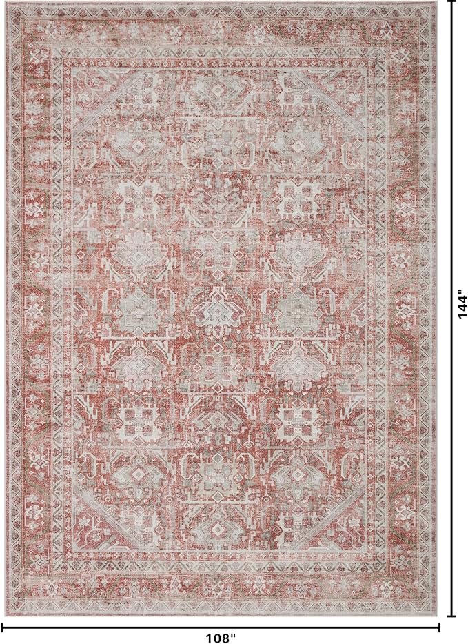 Kuden 9x12 Large Area Rug, Machine Washable Area Rug with Non-Slip Backing, Vintage Style, Soft, Easy Clean, Low Pile Rug for Living Room, Bedroom, Dining Room