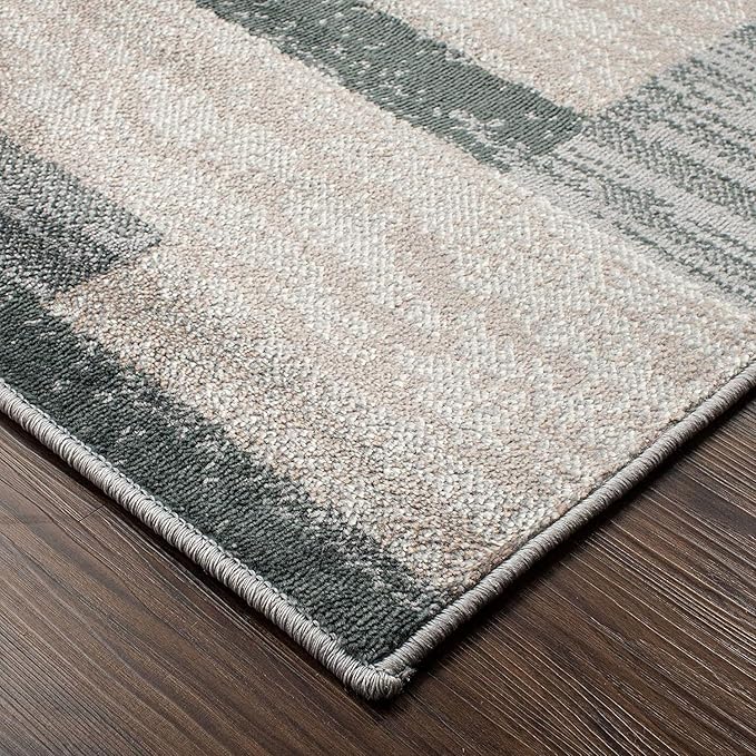 Superior Indoor Runner Rug, Jute Backed, Modern Geometric Patchwork Floor Decor for Bedroom, Office, Living Room, Entryway, Hardwood Floors, Rockwood Collection, 2' 7" x 10', Blue-Taupe