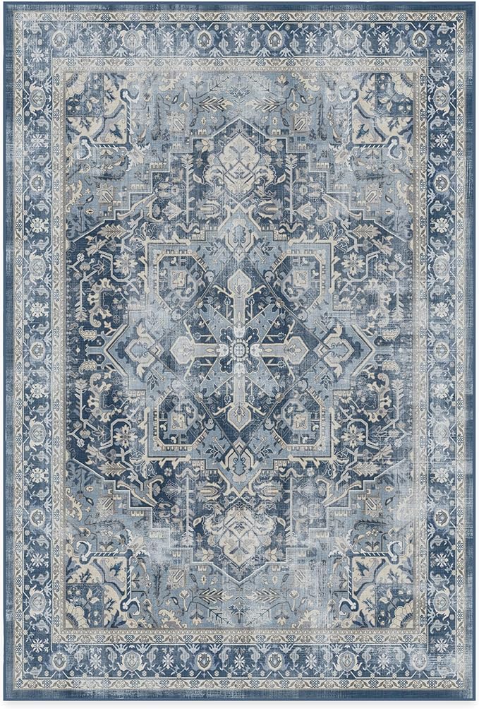 RUGGABLE Washable Vintage Area Rug – Kamran Admiral Blue 6x9, Stain-Resistant, Non-Slip – Medium Machine Washable Rugs for Living Room, Bedroom, Hallway, Entryway & Office–with Standard Pad