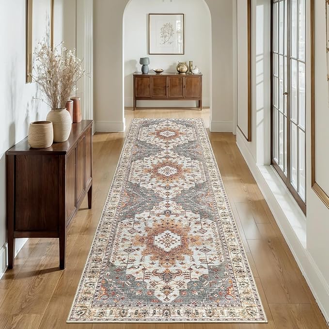 Tangsoo 2.6x8 Washable Runner Rug for Hallways, Non Slip Vintage Runner, Soft Low Pile Long Rug Runner, Print Distressed Turmeric Carpet Runners for Kitchen Bedroom Entryway Bathroom Living Room
