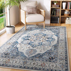 Rugcomf Vintage Medallion 4'x6' Rug - Machine Washable Area Rug, Non-Slip Low Pile Boho Carpet for Girl/Boys Room, Living Room, Kids, Entry - Blue