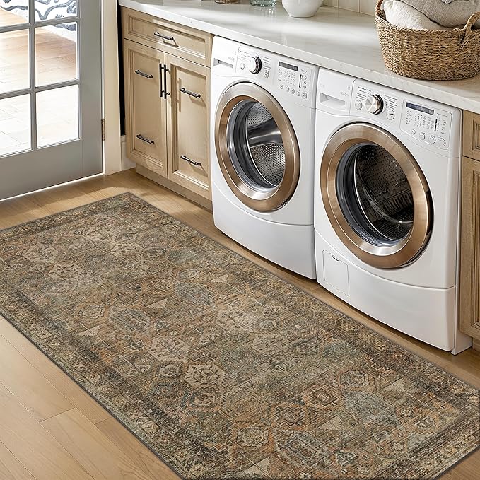 Bavni Kitchen Rug 2x6 Runner Rugs for Hallways Entryway, Washable Vintage Print Carpet, Ultra-Thin Chenille Low Pile Lightweight Rug with Non Slip Backing, Warm Taupe