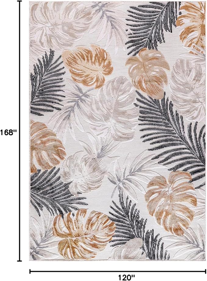 CAMILSON Indoor Outdoor Rug, Yellow 10’x14’ Leaf Tropical Botanical Area Rugs for Indoor and Outdoor patios, Easy-Cleaning Non-Shedding Living Room, Garden and Kitchen Washable Outside Carpet (10x14)