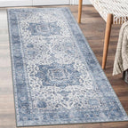 ReaLife Rugs Machine Washable Area Rug Runner - Living Room Bedroom Bathroom Kitchen Entryway Office - Padded Low Pile Stain Resistant Premium - Boho Farmhouse Vintage - Joy - Blue Ivory 2'6" x 8'