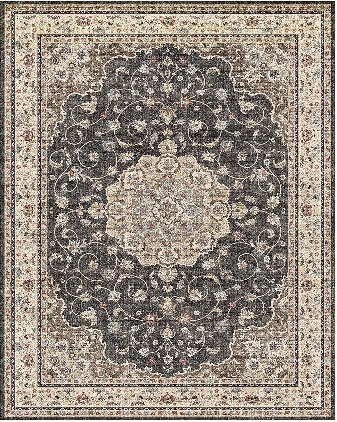 HUGEAR Machine Washable Area Rugs 8x10 Vintage Black Large Living Room Bedroom Rug Neutral Style Non Slip Stain Resistant Low Pile Throw Carpet for Home Retro Aesthetic Modern Decor