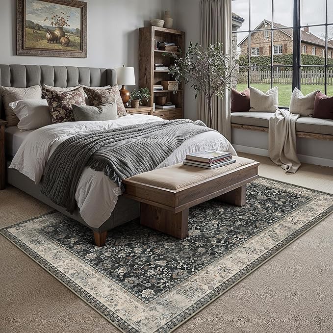 HUGEAR 8x10 Machine Washable Rugs Black Beige Hallway Large Area Rug Indoor Accent Rug Floral Low Pile Carpet Soft Throw Aesthetic Rug Bedroom Living Room Office Dining Room Laundry Room