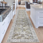 KILOCOCO Hallway Runner 2.6x14 Runner Rug Printed Vintage Floral Washable Rugs Kitchen Runners Soft Non-Slip Low Pile Rubber Backed Runners for Laundry Room Distressed Boho Rugs, Mossy Taupe