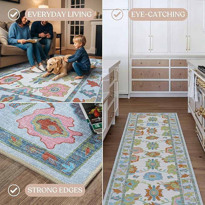 Fame Living Colorful Oushak Rug, Modern, Vintage, Turkish, Eclectic, Floral, Pastel, Washable, Oversized, Extra Large Area Rugs for Living Room, Dining, Bedroom, Lounge 9'5"x14'